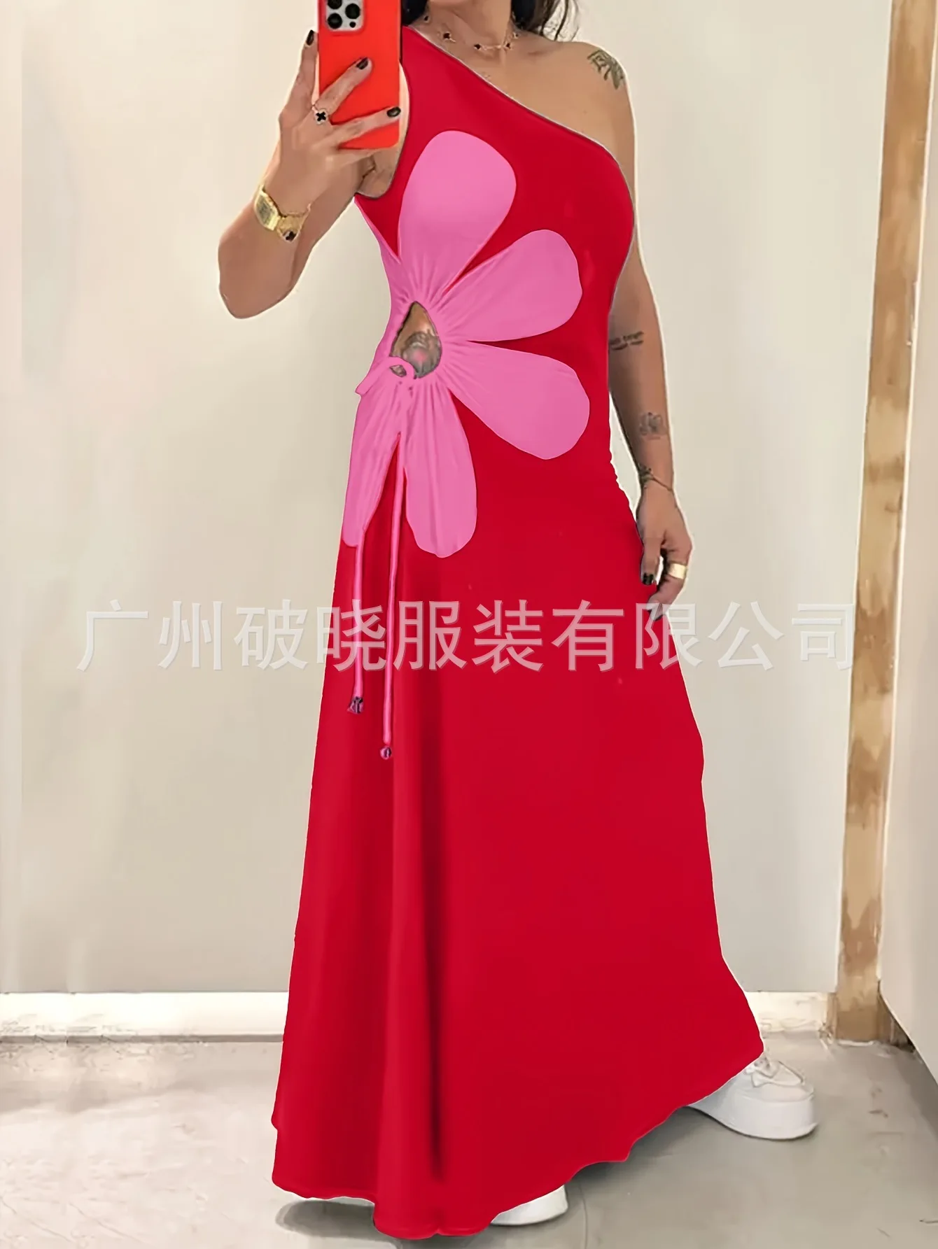 

Sexy Printed Spliced ​​oblique Collar Sleeveless Long Dress Women 2025 Summer Hollow Fashion Lace-up Dress For Women