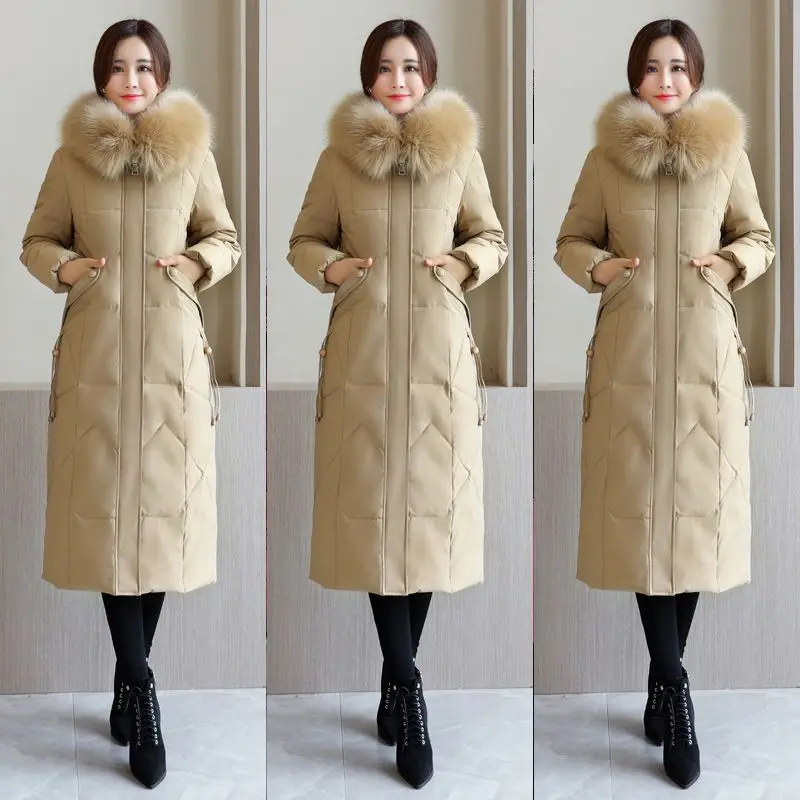 

Осень-зима 2023, Длинные парки с капюшоном и меховым воротником, облегающая Толстая теплая куртка с хлопковой подкладкой, женское повседневное пальто в Корейском стиле, C42