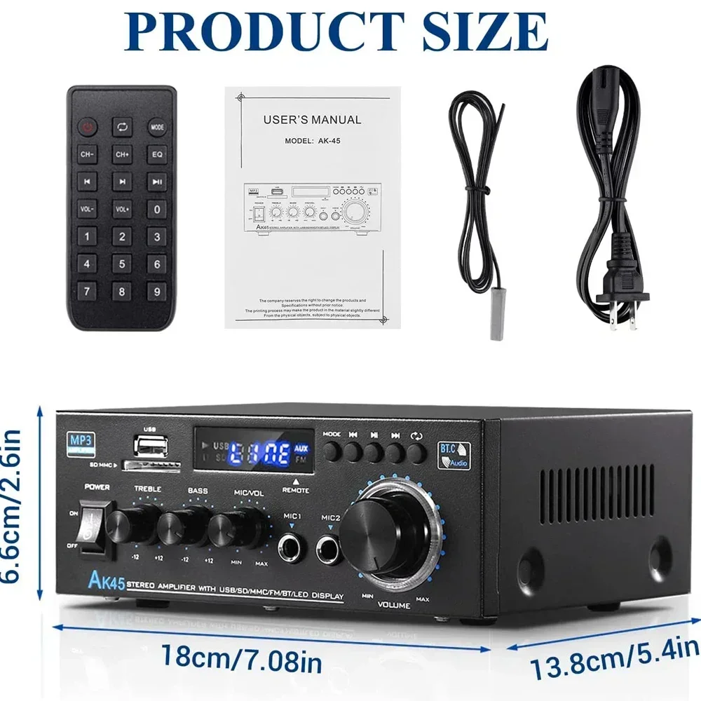 

2,0-канальный цифровой усилитель AK45 HiFi 400Wx2 HiFi стерео усилитель приемник переменного тока 90 В-240 В Bluetooth-совместимый 5,0 для домашнего автомобиля