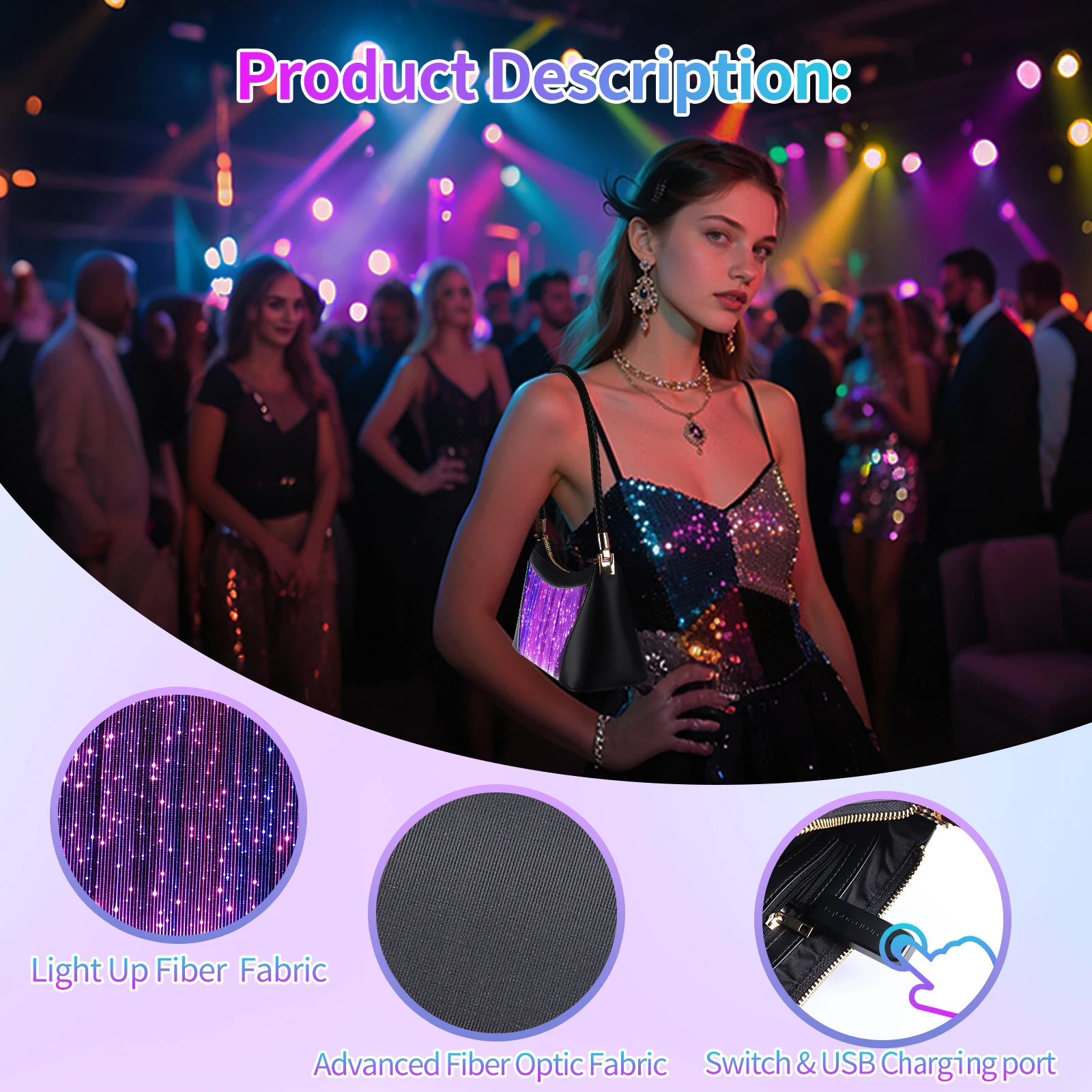 حقيبة تحت الإبط متوهجة LED حقيبة كتف مفردة أوضاع تغيير اللون معدات عصرية ثابتة 7 ألوان تغيير تلقائي