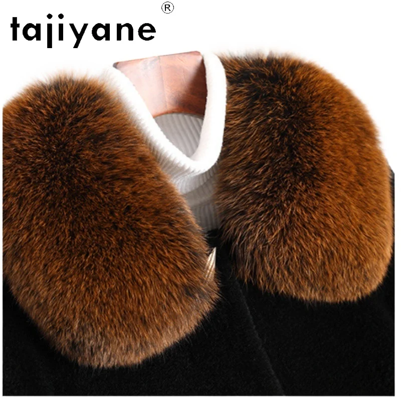 TAJIYTXManteau en fourrure véritable pour femme, 100% laine, manteau long en peau de mouton, col en fourrure de renard, vêtements de luxe pour femme, hiver 2024