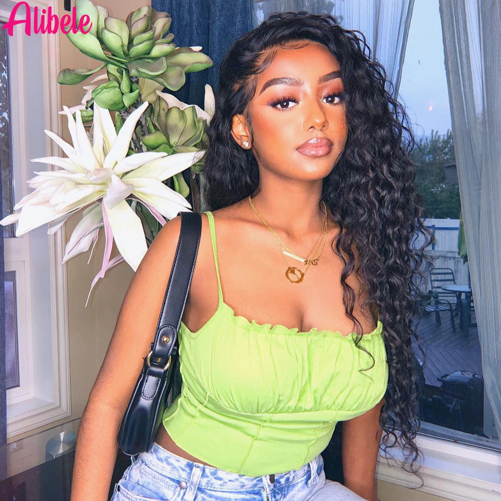 

ALIBELE Water Wave Lace Front Human Hair Wig Transparent Lace Front Wig Pre Plucked Natural Black Source Factory Shipment