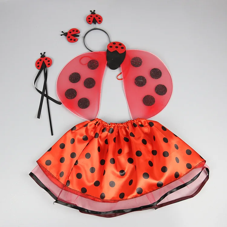 Creative Cute Ladybug Costume Set Cosplay Festival Performance Costume Props Hairband Fairy Wand Skirt Ladybug Wings 4pcs Set