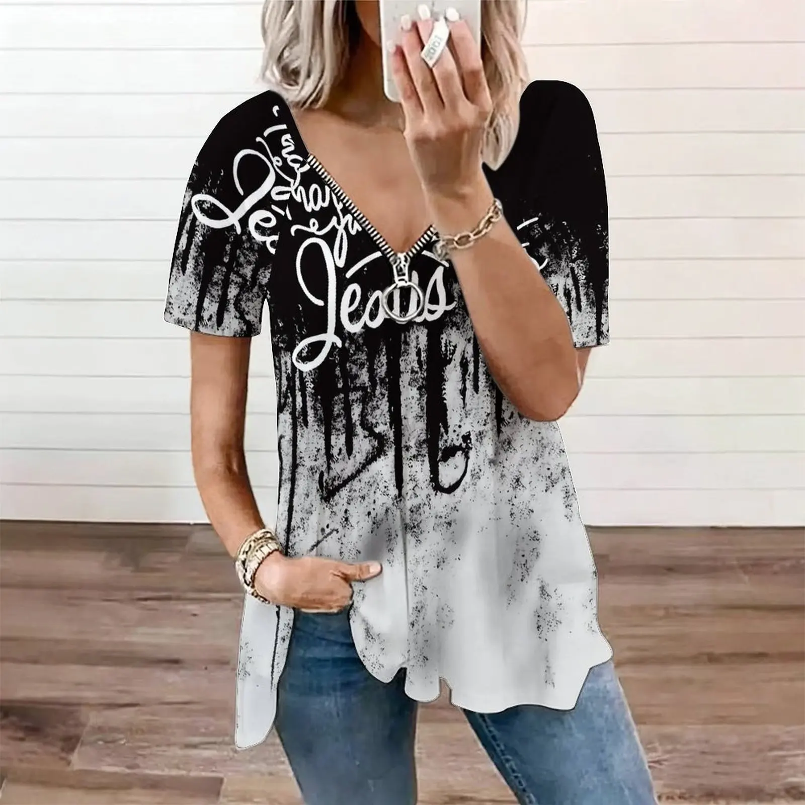 Women Cross Letter Print Zip V Neck Irregular Hem Short Sleeve Casual Tunic Tops