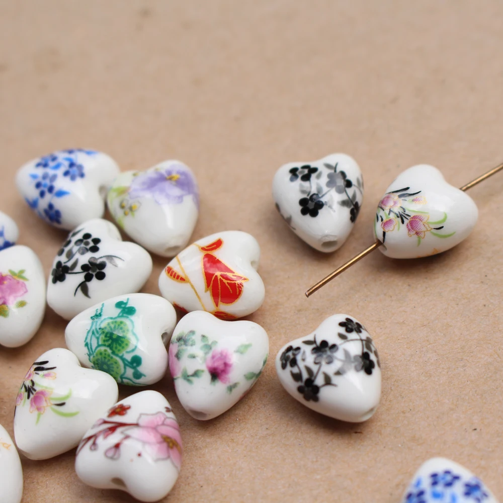 20Pcs 11.6mm Heart Shape Ceramic Beads Flower beads Red Blue Black Brown Blossom for Jewelry Making Bracelet Necklace DIY  Craft