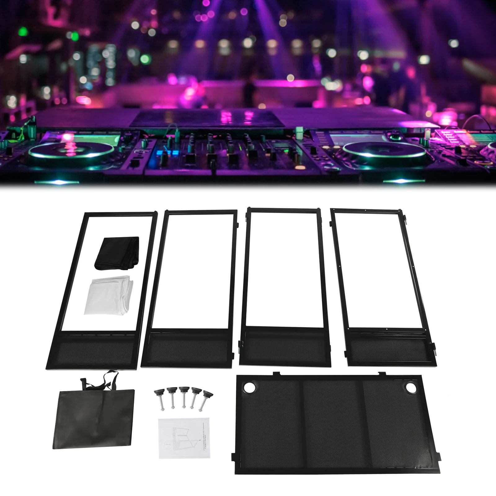 Foldable DJ Booth Facade With Black & White Scrims, Portable DJ Table For Party Wedding Bar Event, Iron Frame DJ Booth With Carry Bag