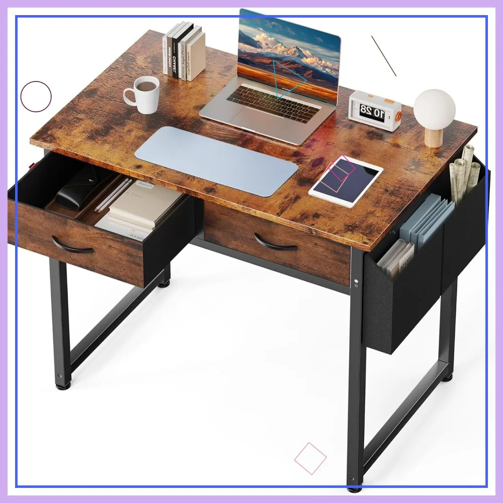 

32" Home Office Computer Desk with Drawers, Gaming Study Table Storage Bag Headphone Hook Adjustable Feet Rustic Brown