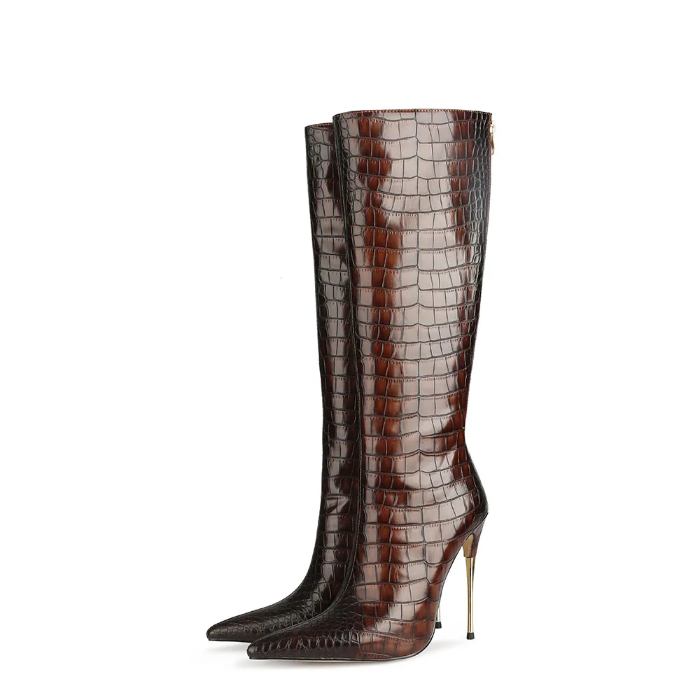 

Sexy Crocodile-Print Knee-High Rider Boots Pointed Toe Stiletto Chelsea Women's Boots Zip Plus Size Women's Mid-Leg Boots 34&46