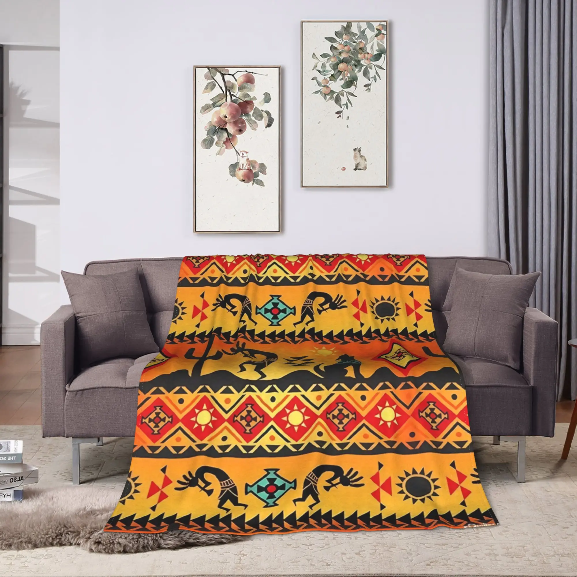 Southwest Tribal Kokopelli Musician Ethnic Graphic Soft Warm Blanket Plush Throw Blanket Couch Chair Flannel Bedspread Bed Cover
