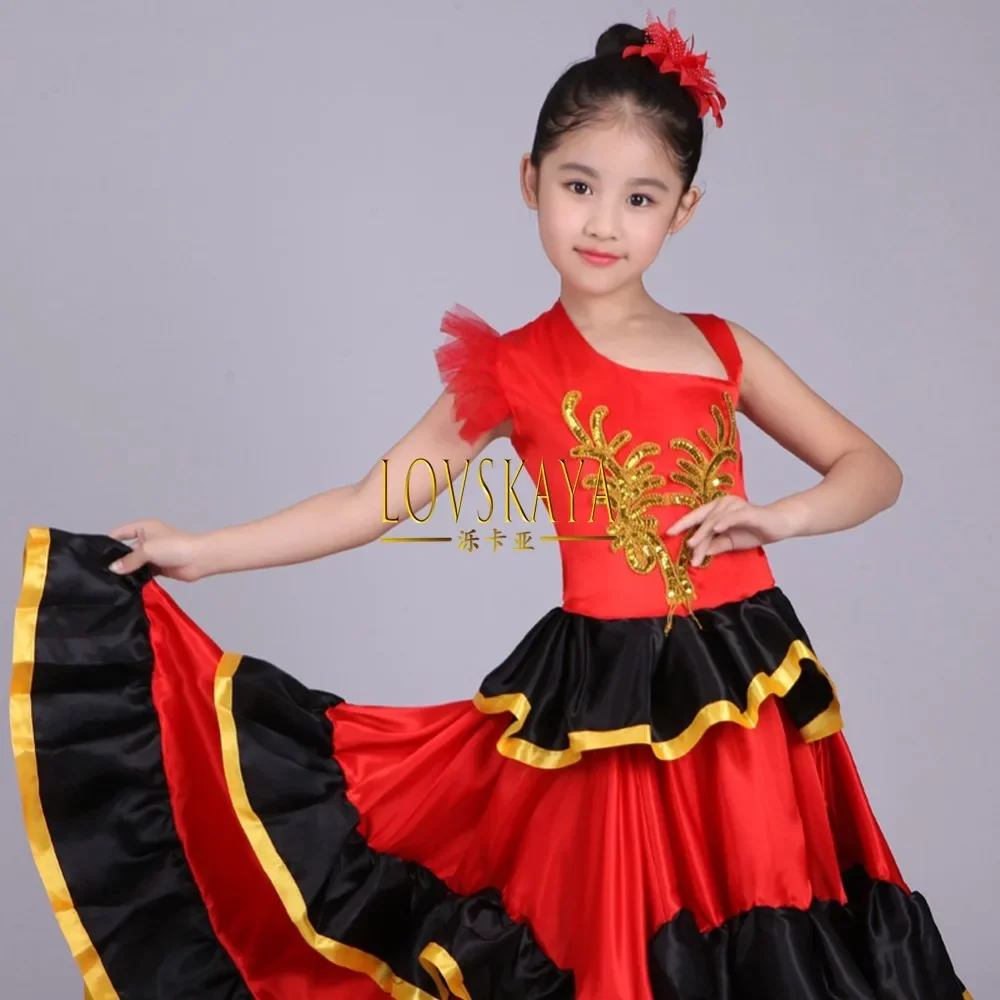 Red Belly Dance Dress Kids Girls Spanish Flamenco Costume Ballroom Tribal Dress With Head Flower