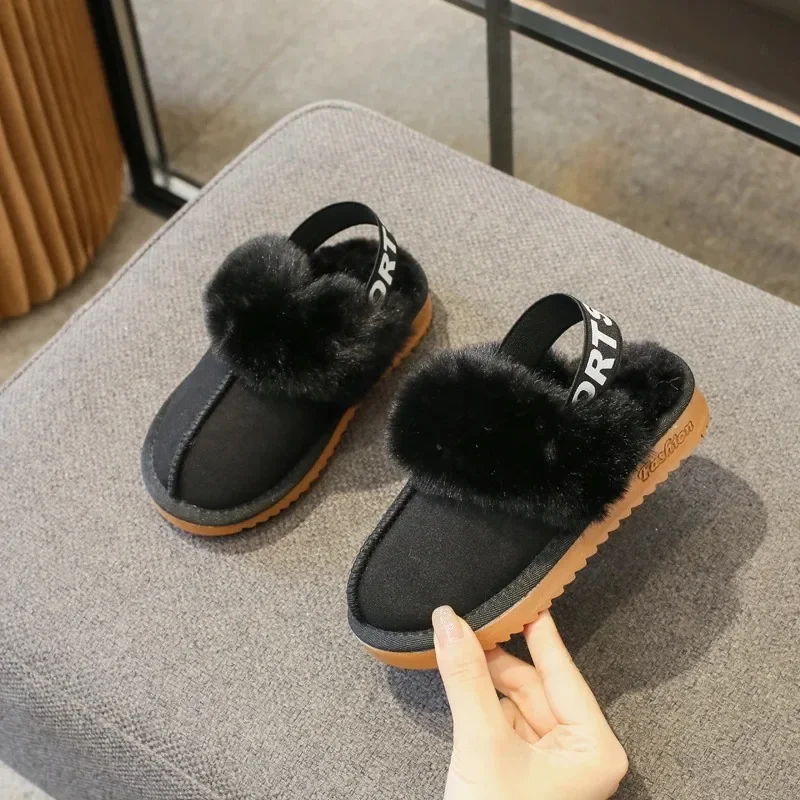 2023 New Simple Girls Slipper Elastic Band Fashion Kids Toes Wrapped Winter Warm Boys Children Cotton Shoes Casual Non-slip Cute