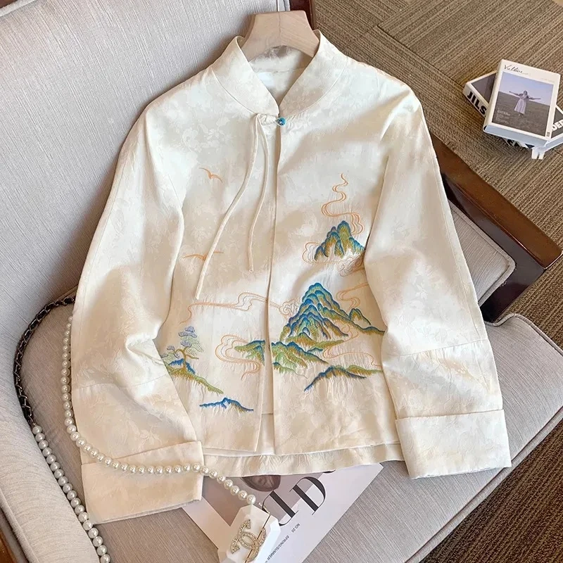 

Fashion Female Tang Suit Elegance Vintage Coat Women Chinese Style Clothes2024 Spring Casual Jacket stand collar Embroidered Top