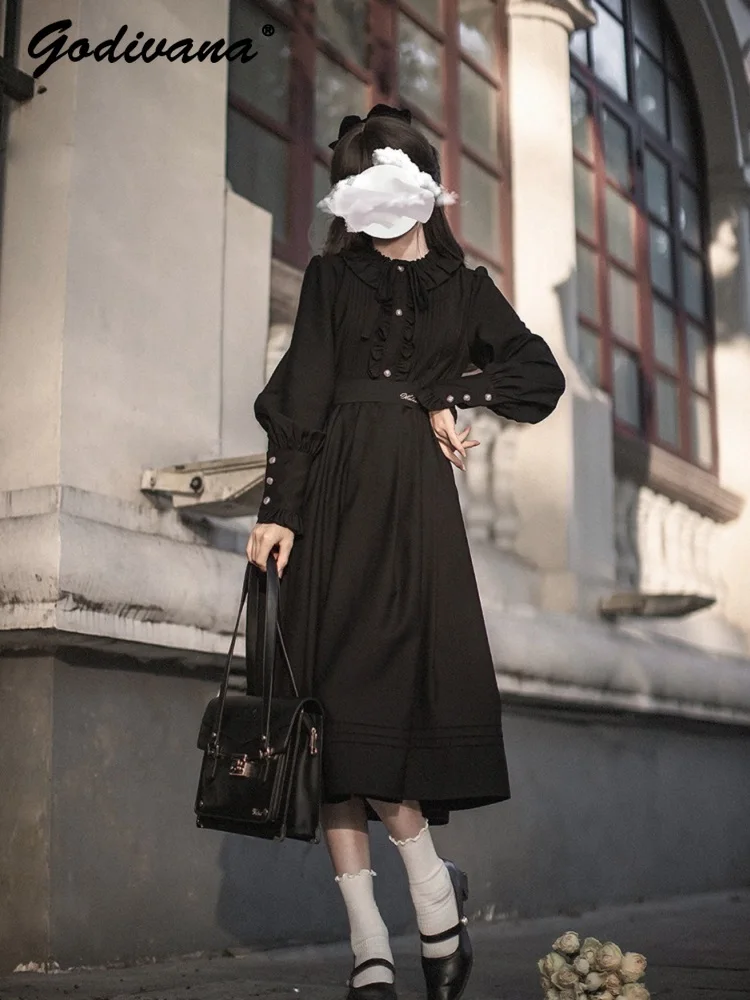 Original Retro Elegant Black and Red Full Sleeve Slim Long Dress Autumn Winter Women's JK Vintage Calf-length Dresses image 2