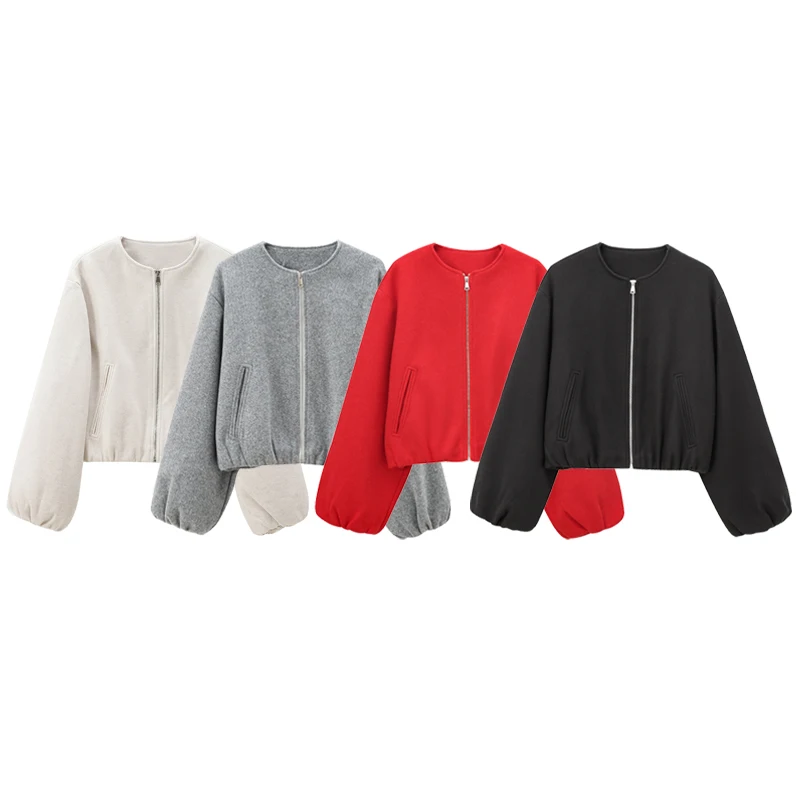 HXAO Women's Jackets Cropped Loose Outerwears Red Grey Off White Black Jacket Zip Up Long Sleeve Top Casual Varsity Bomber Coat