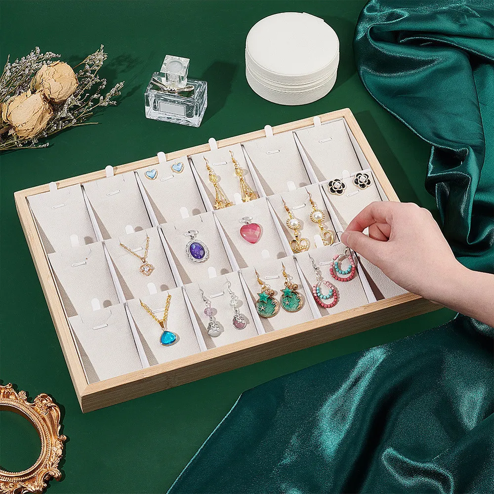 

Bamboo Jewelry Organizer Tray, 18-Grid Velvet Display Box, Stackable Earring Necklace Rings Bracelet Showcase Holder, Jewelry D