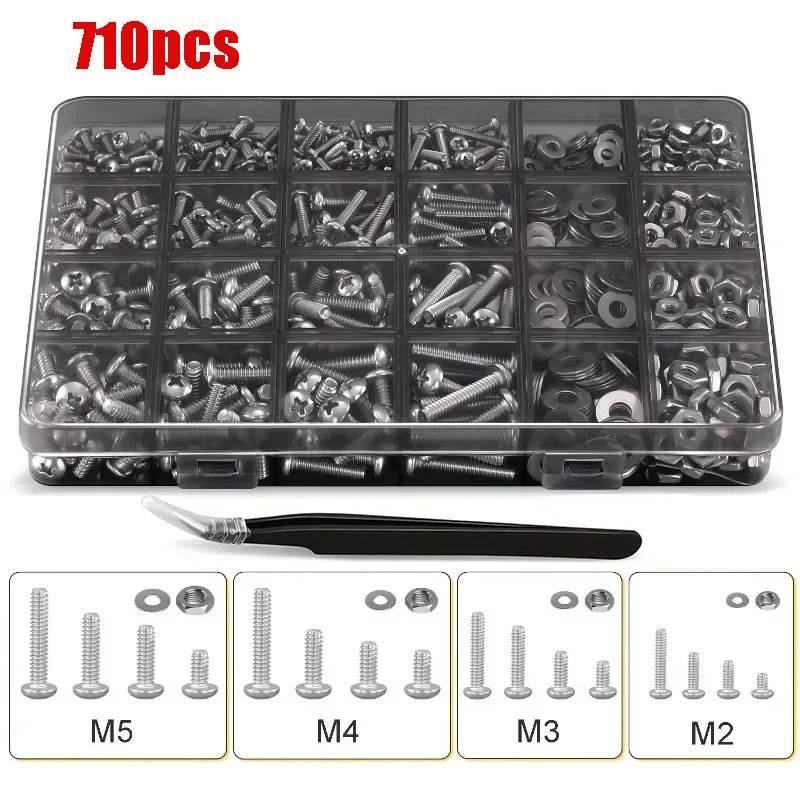 710pcs Stainless Steel Nuts and Bolts Kit with Flat Washers Phillips Pan Head Round Head Machine Screws Hexagonal Nut Screw Set