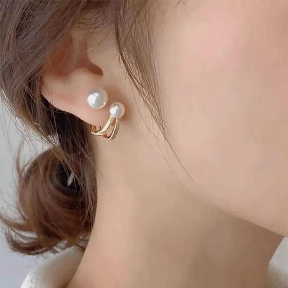 Elegant Geometric Double Layer Baroque C Shape Korean Style Earrings Female Stud Earrings Pearl Earrings Mental Hoop Earrings