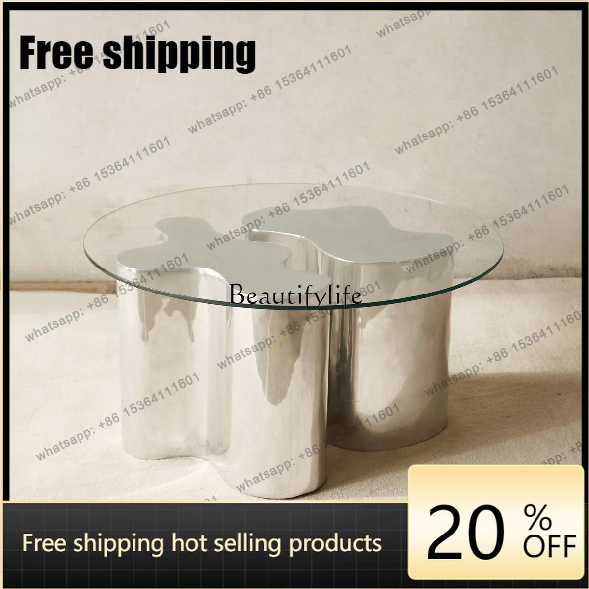 Customizable Stainless Steel Silver Irregular Coffee Table Tempered Ultra-white Wave Special-shaped Tree Root Simple Sofa Table
