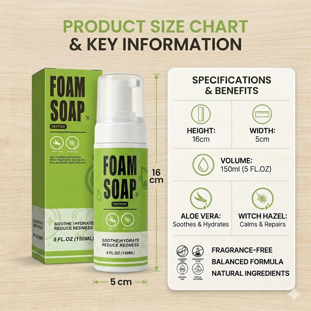 Tattoo Foam Soap Vegan 150ml Aftercare Cleanser for New Tattoo Piercing PMU Gentle Soothing Cleaning Tattoo