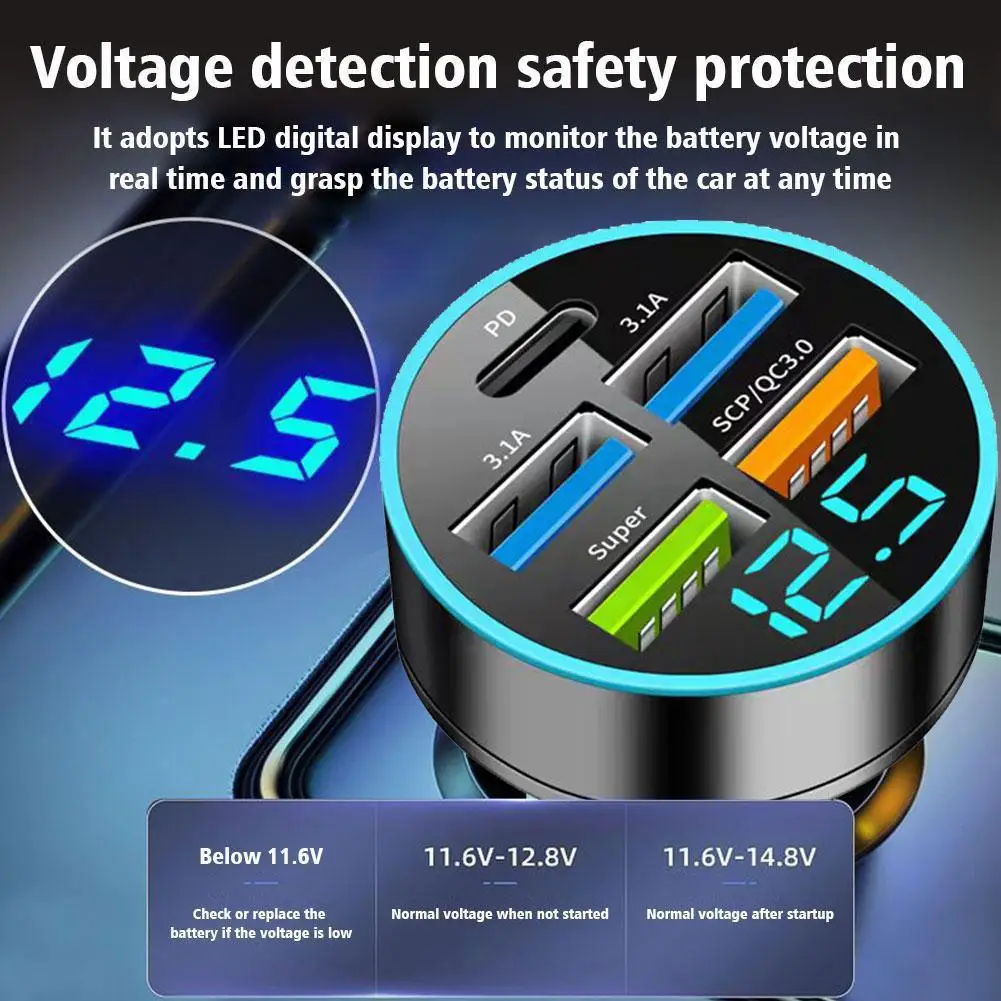 

250W Car Charger LED Digital Display Screen 4 USB And 2/4 Type-C Fast Charging Car Phone Charger Adapter for Samsung iPhone