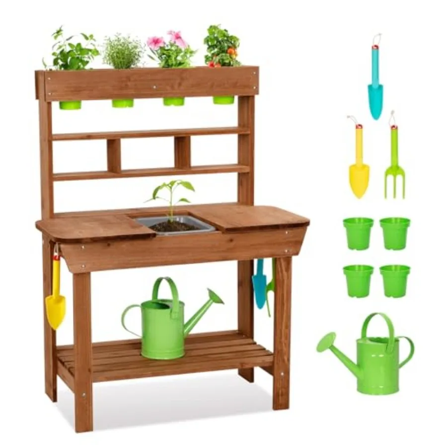 

Potting Bench with Removable Sink, Potting Benches for Outside, Mud Kitchen for Outdoor with Gardening Tools, Watering Can, Flo