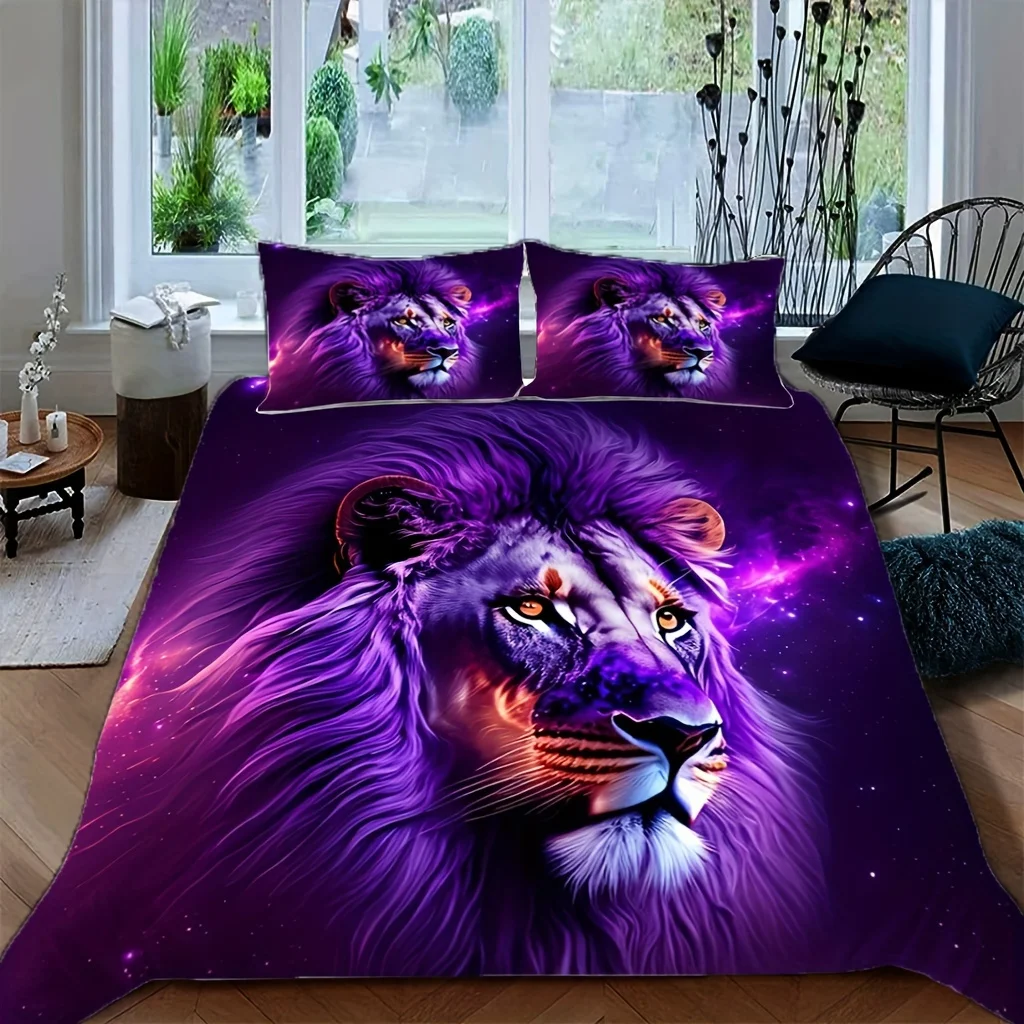 Cartoon Lion Lucky Purple Animal Bedding Quilt Cover Set 1 Quilt Cover+2 Pillowcase Soft Comfortable Breathable Easy to Clean