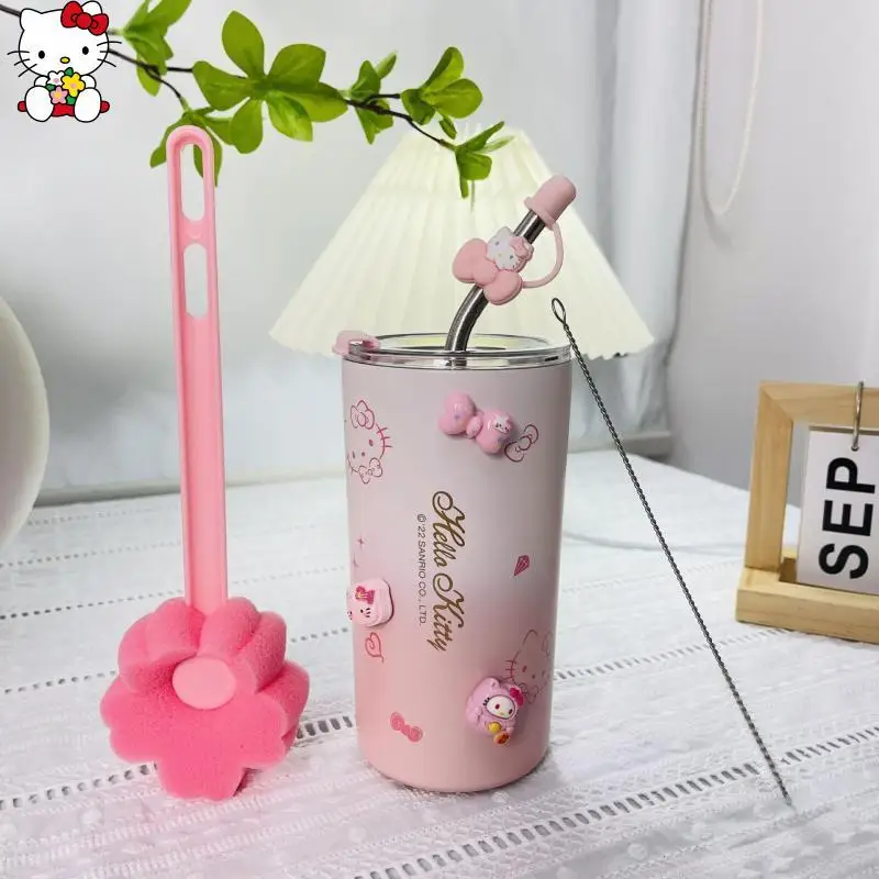 Tasse à vide Sanrios Hello Kittys, jolie tasse d'eau d'isolation froide de grande capacité avec paille, cadeau de Festival