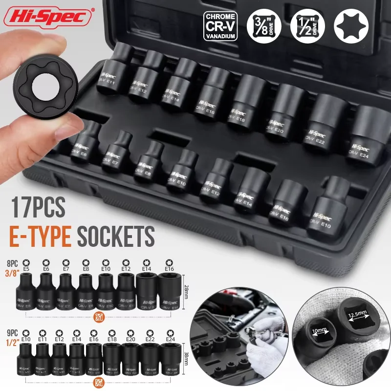 

Hi-Spec 17pc 1/2 Socket Torx socket Set E Type Impact Socket E10 E11 E12 E14 E16 E18 E20 E22 E24 Repair Tools Star wrench socket