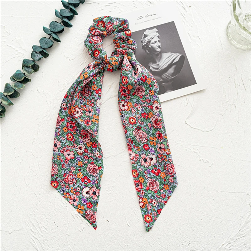 

INS Spring Sweet Hair Bands Floral Print Triangle Streamer Scrunchies Chiffon Large Intestine Circle For Girls Delicate Gifts