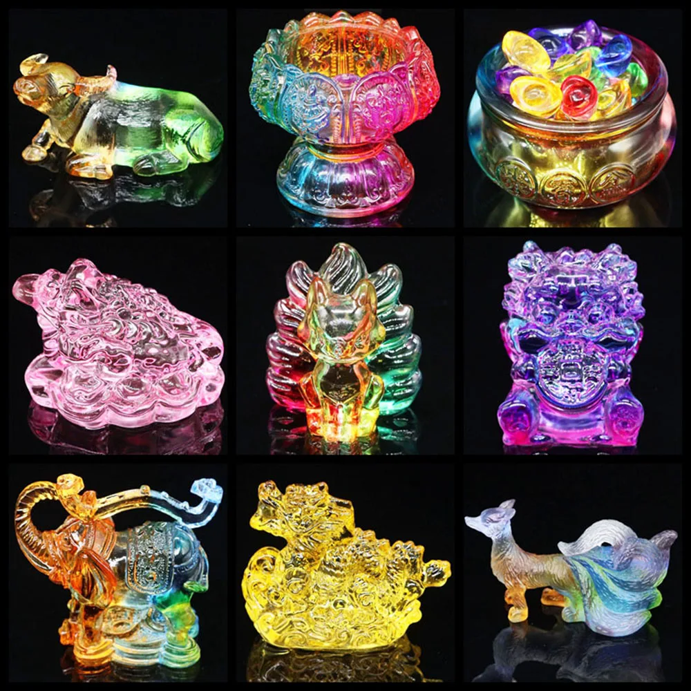 

Crystal Glass Animal Figurine Coloured Glaze Elephant Fox Statue Lucky Cat Candlestick Fengshui Crafts Ornaments Home Decoration