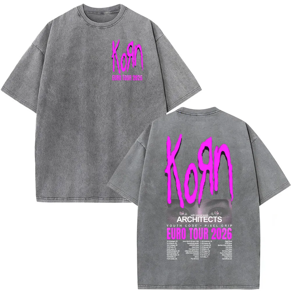 Korn Tour 2026 Merch Vintage Washed T Shirt Fan Gifts Metal Gothic Rock Band T Shirts Men Casual Oversized Short Sleeve T-shirt