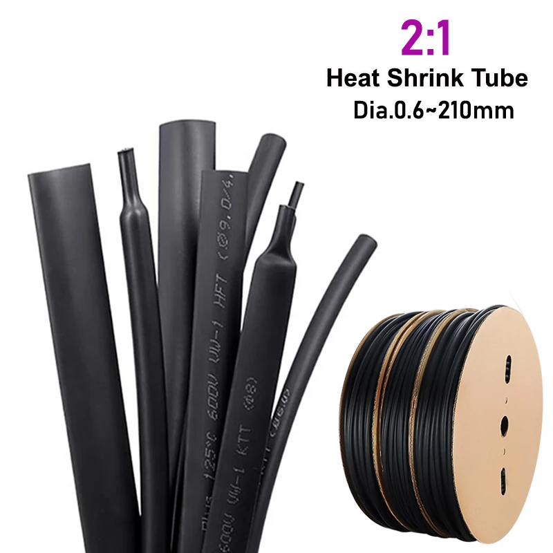 

Black 2:1 Heat Shrink Tube 0.6mm~210mm Polyolefin Cable Repair Heat Shrinkable Tubing Heat-Shrink Cable Insulation Wrap Sleeve