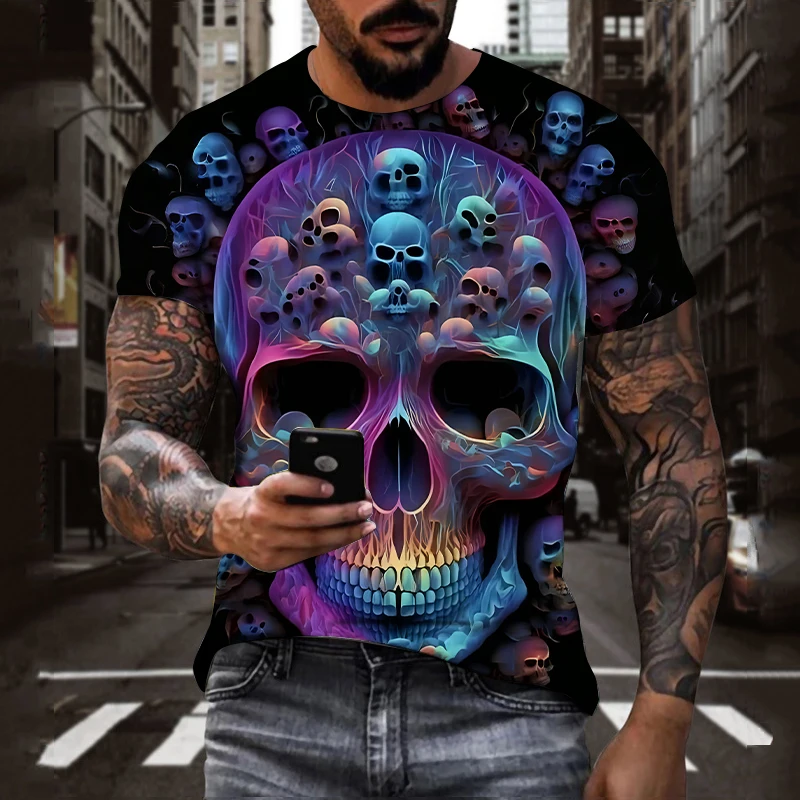 Horror Skull 3D Digital Pattern Print Mens Graphic T-shirts Causal Comfy Tees Short Sleeve Pullover Men Summer Outdoor Clothes