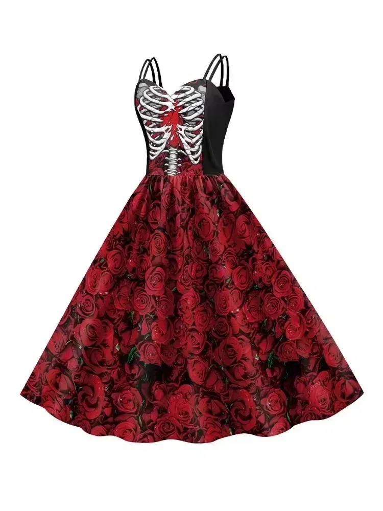 Teenager-Mädchen Cosplay-Kostümkleid Damen Gothic Skelett Blumenmuster Spaghettiträger Rollenspielkleid für Halloween-Verkleidung – Detail 3
