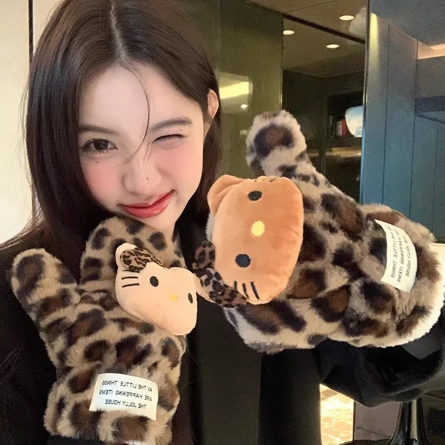 HelloKitty Leopard Print Plush Scarf Glove Combination Cute Outdoor Clycing Hanging Neck Full Finger Mittens Windproof Keep Warm