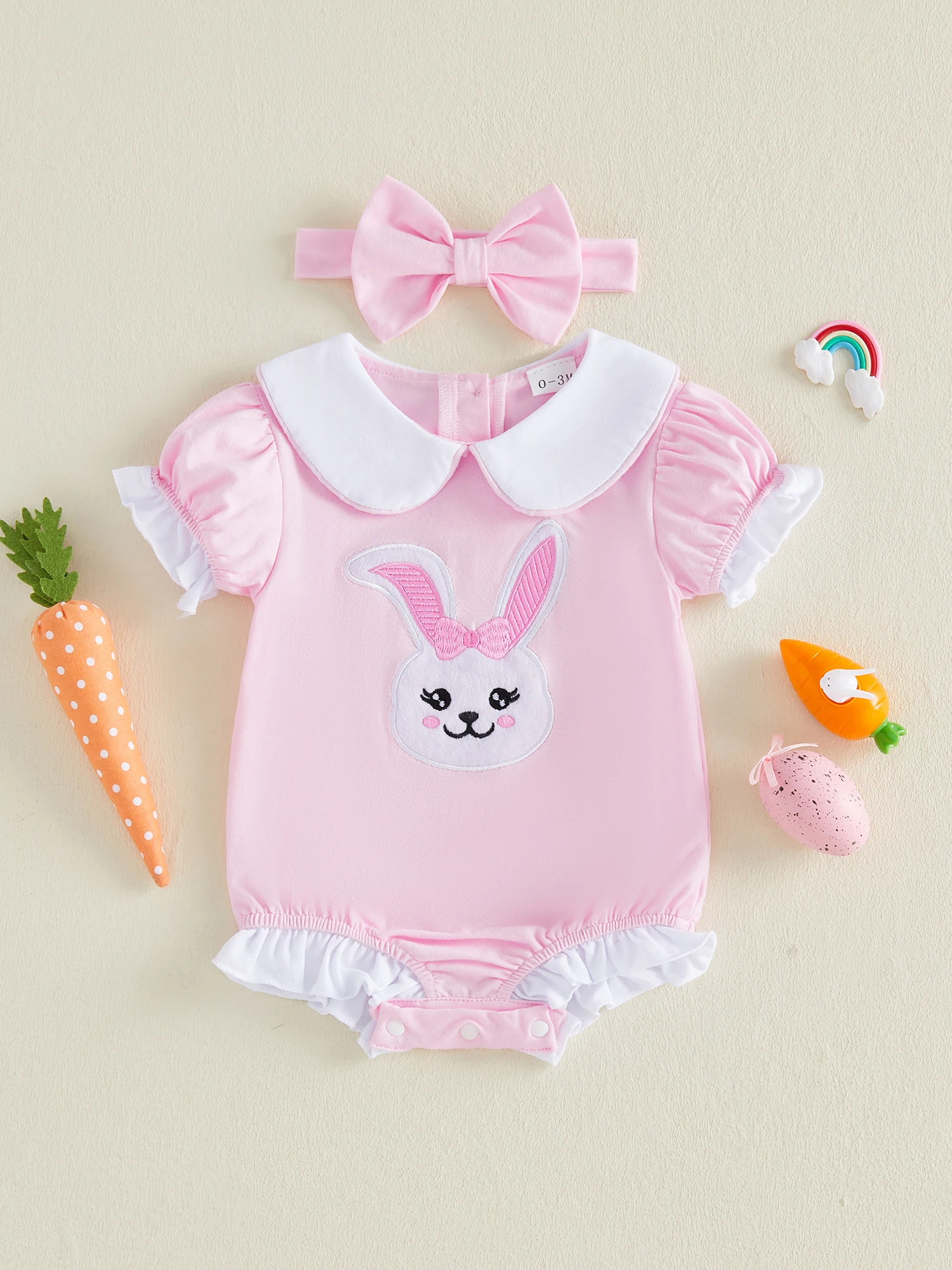 

Cute Easter Toddler Girls Dress Set with Bunny Embroidery Short Sleeve Romper Doll Collar and Matching Headband for Spring