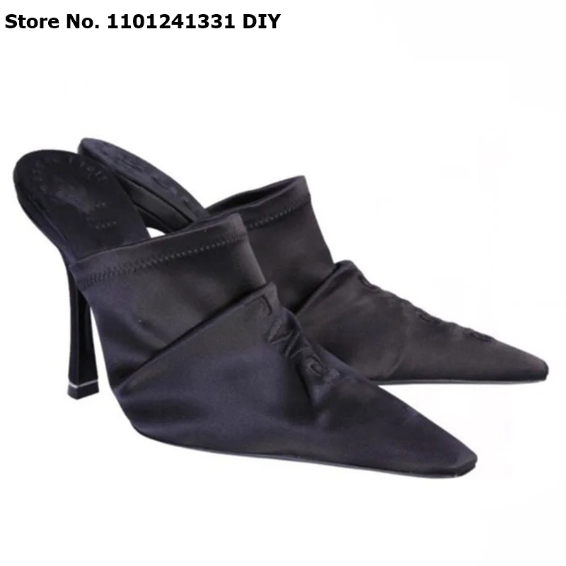 Real Silk Letter Embroidery Black Thin High Heel Pointed Toe Female Dress Shoes Women Slip On Pumps Stiletto 7/9 Cm Heels