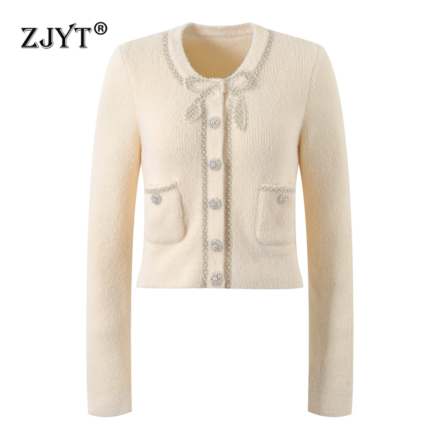 

ZJYT Autumn Winter Pearls Beading Sweet Cardigan Sweaters for Women Knitting Tops Long Sleeve Knitwears Jersey Mujer 2024