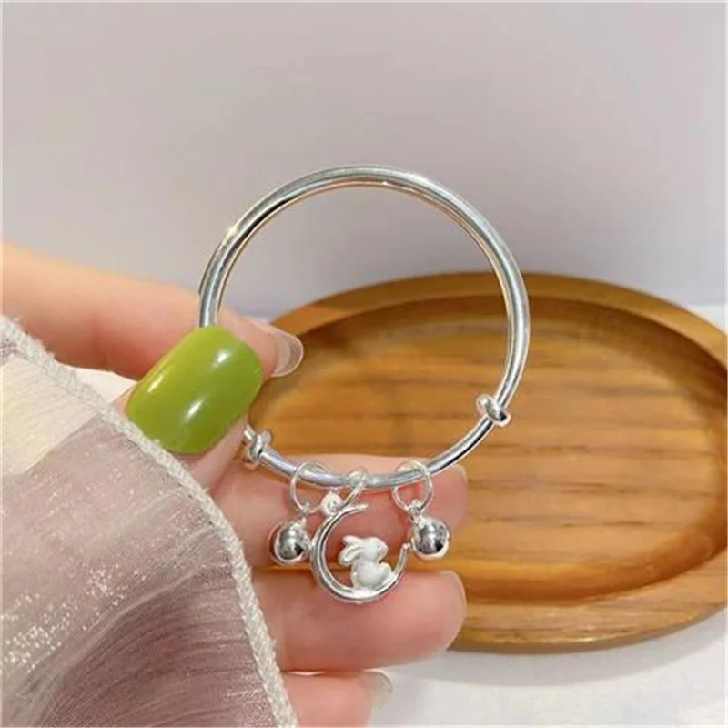 

999Sterling Silver Bracelet Women's Sweet Fashion Jewelry Bell Moon Rabbit Push Pull Adjustment Big Bracelet Gift for Girlfriend