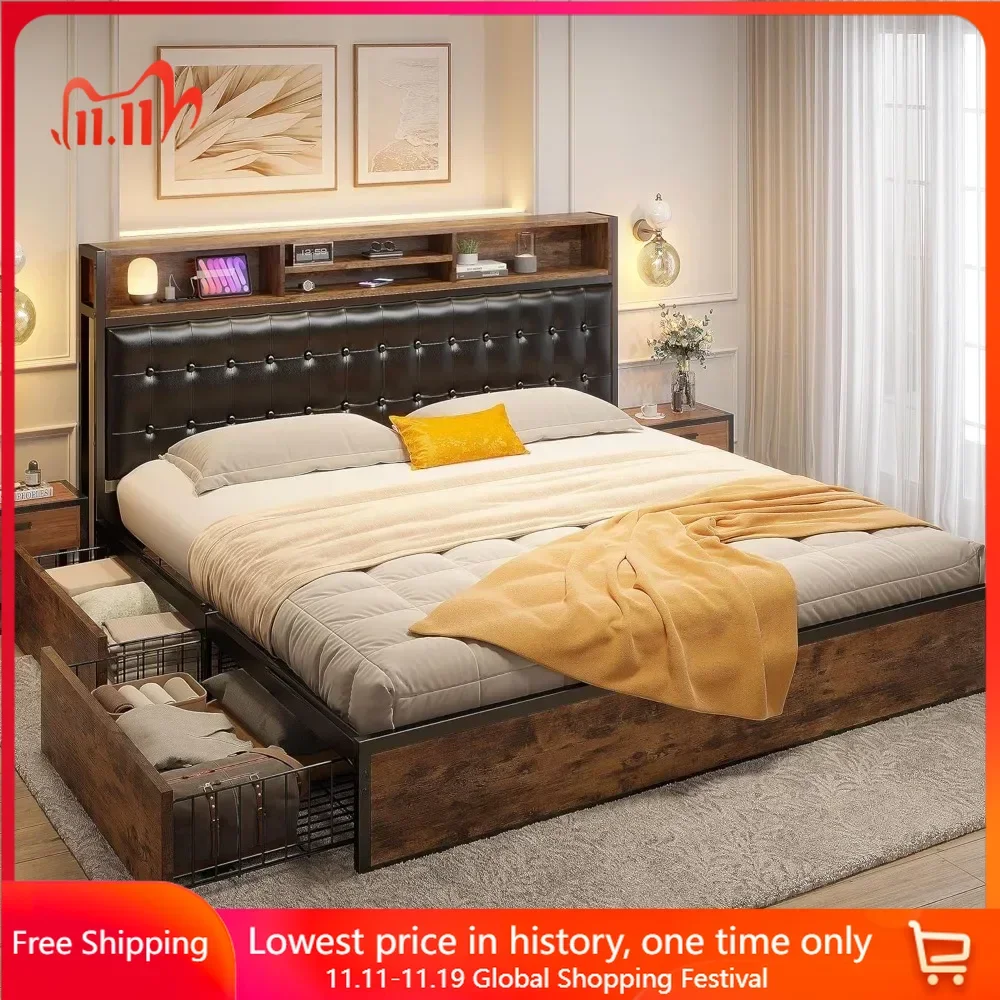 

King Size Bed Frame with 4 Storage Drawers King Beds Frames and Headboard Upholstered Bed Frame with Storage & Charging Station