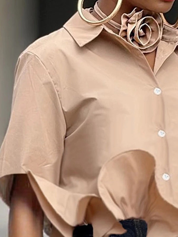 Modigirl 2025 Cotton Ruffledเสื้อผู้หญิงฤดูร้อนฤดูใบไม้ร่วงแขนสั้นเสื้อปุ่มผู้หญิงธุรกิจเสื้อลําลอง