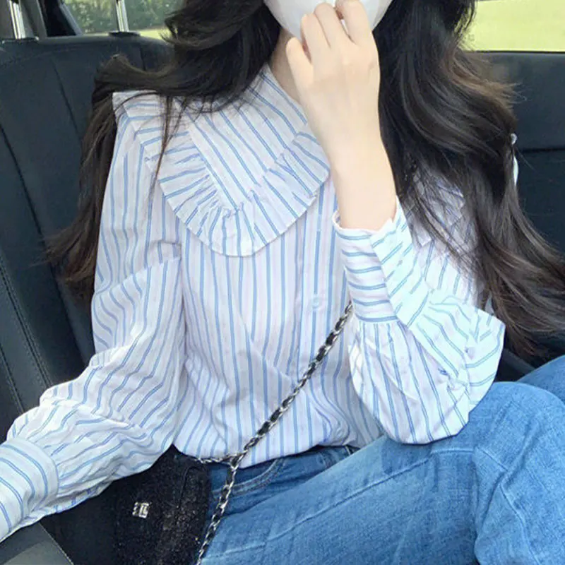 

Elegant Fashion Harajuku Slim Fit All Match Blusa Stripe Korean Version Doll Collar Long Sleeve Tops Women Loose Female Clothes