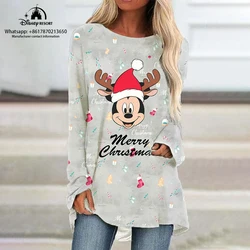 Autumn Christmas New Ladies Round Neck Loose Long Sleeve T-Shirt Disney Minnie Anime Fashion Casual Raglan Sleeve Dress