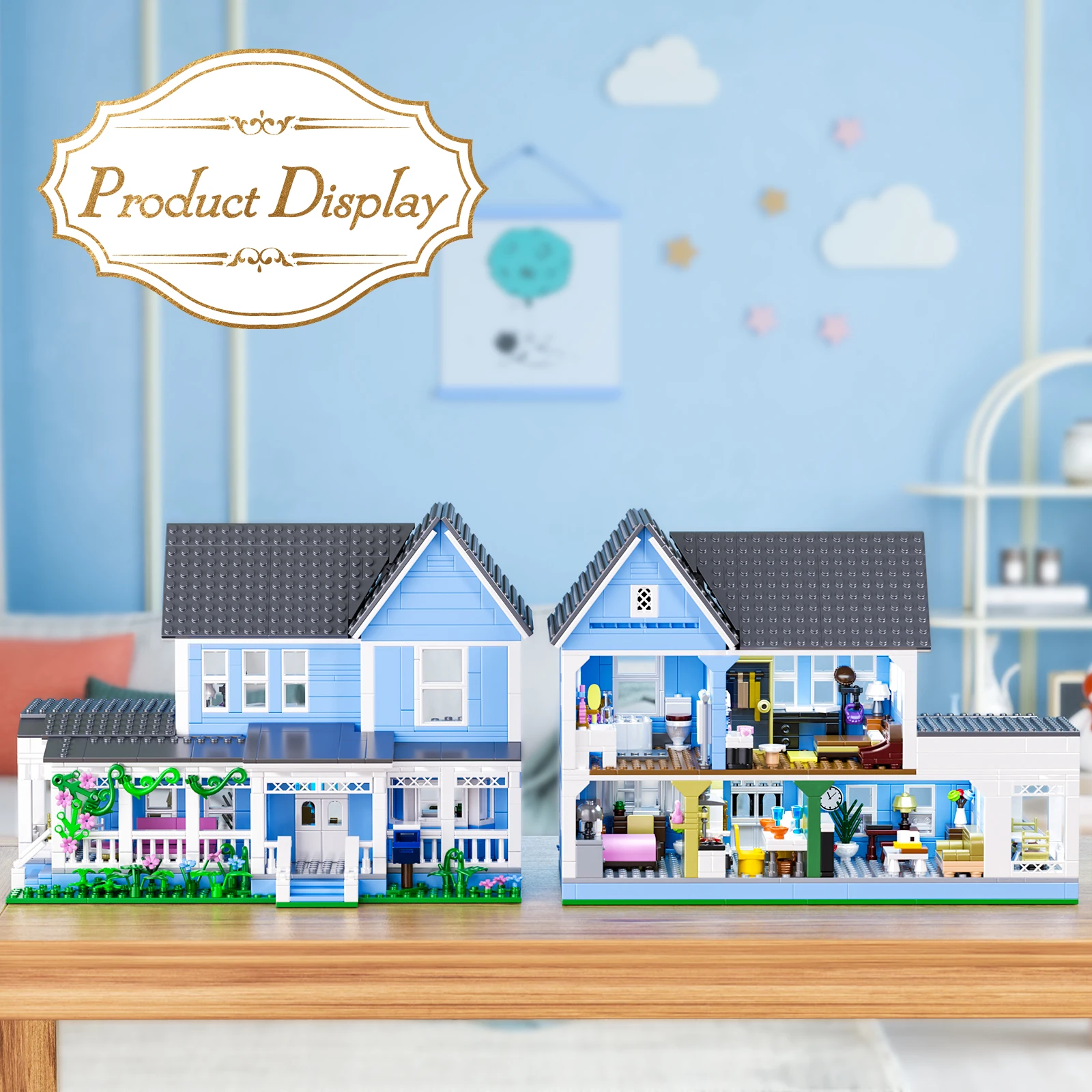 مجموعة مكعبات بناء قصر الفيلا الزرقاء Gilmoreed Girl's House Apartment Cottage Architecture Model Bricks هدايا للفتيات والفتيان