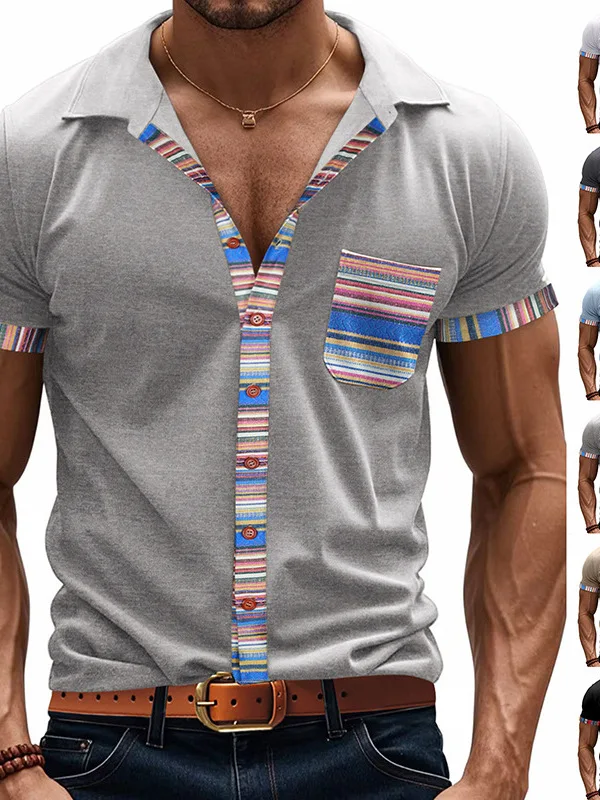 

Loose Casual Contrast Color ort Sve irt Stand Fit Youth Summer Faionable Striped Patterned Casual Wear