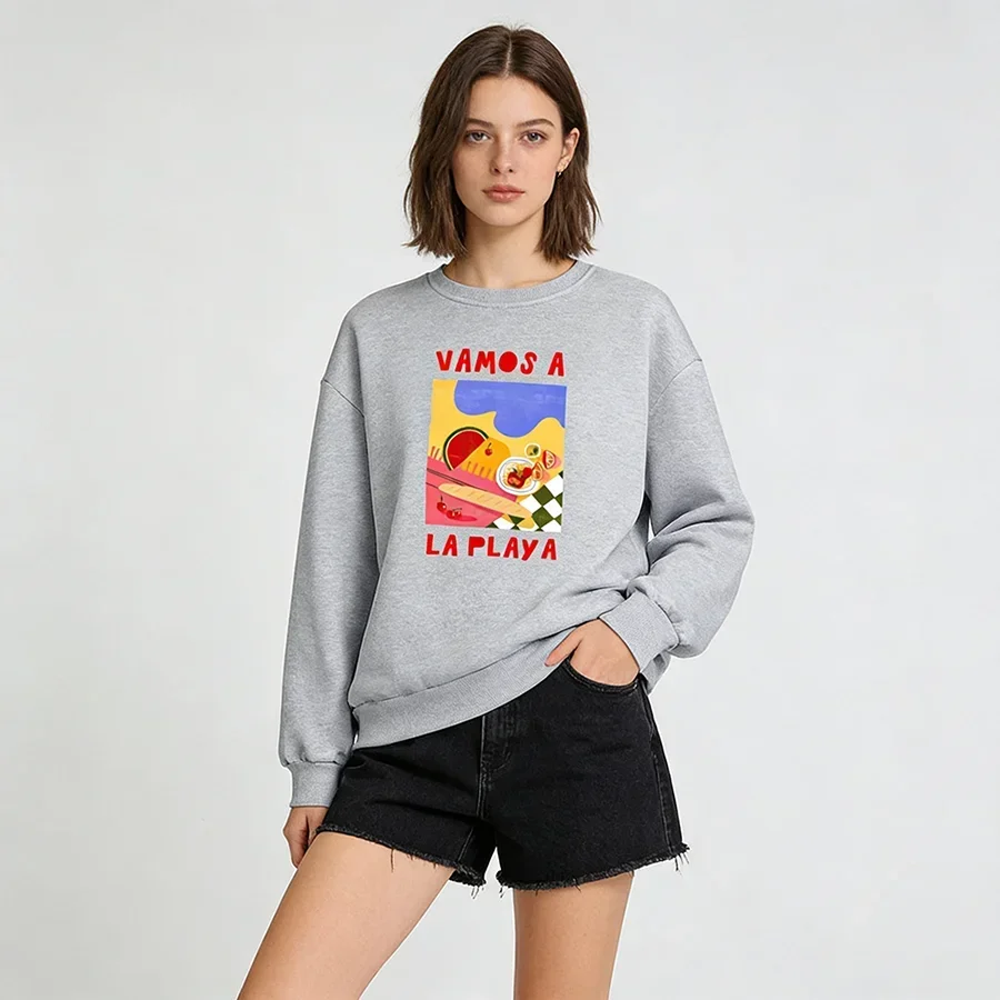 

Women Round Neck Long-sleeved Velvet Winter Casual Vacation Style Beach Print Sweatshirt Autumn Woman Clothes 2025