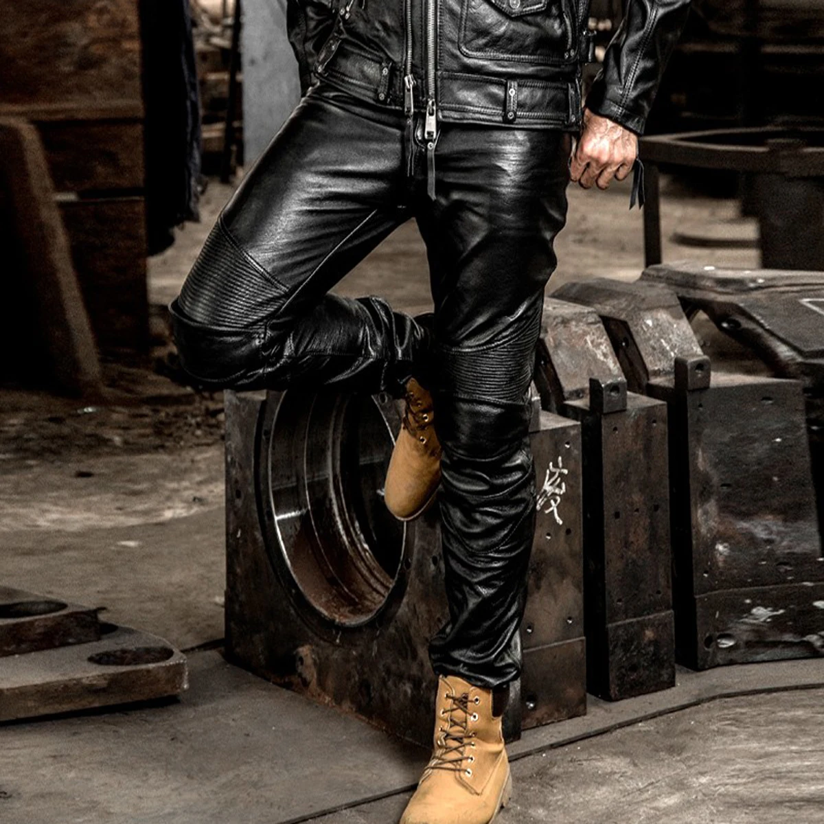 Genuine leather leather pants men's casual professional biker can be installed protective gear Slim yellow cowhide long pants