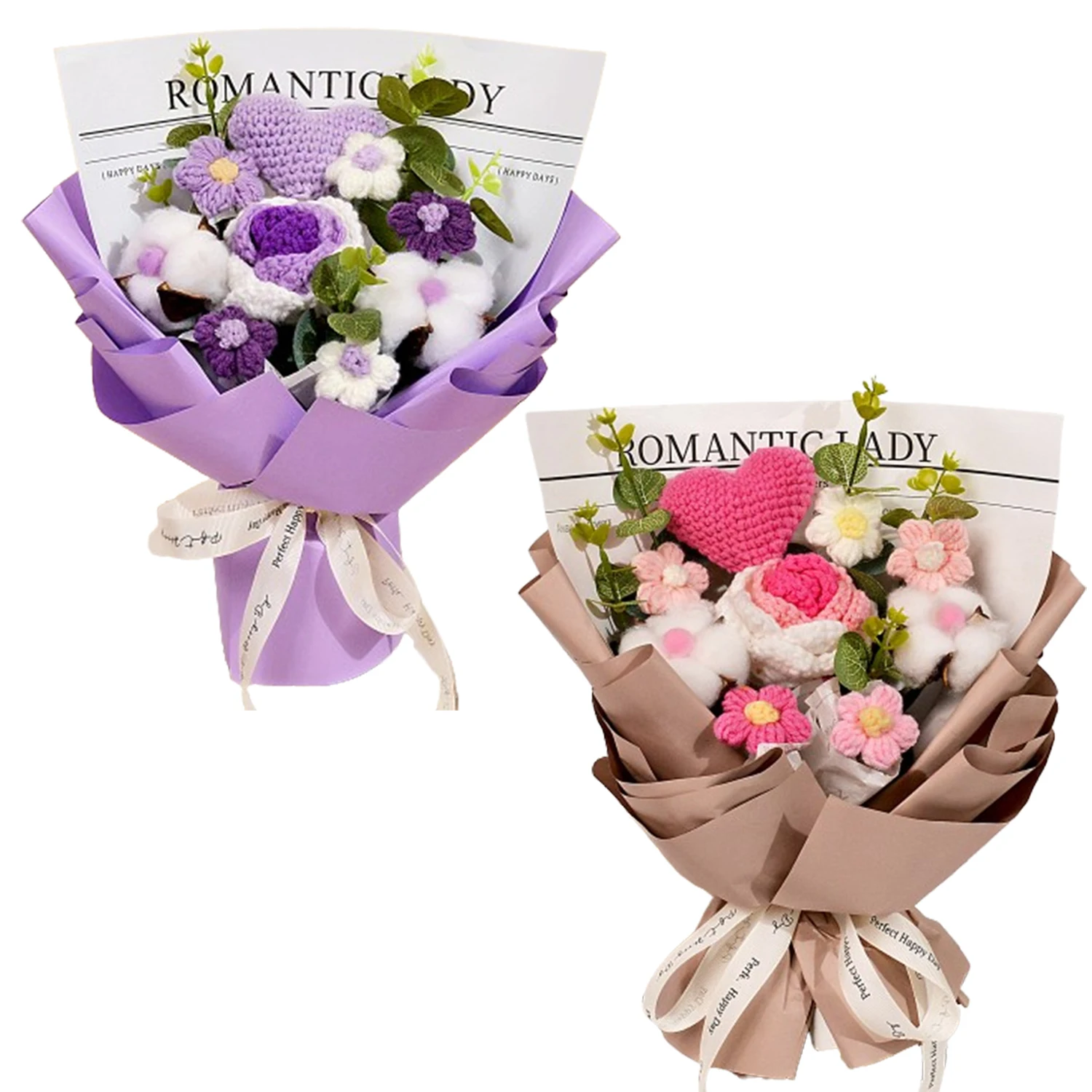 

1Set Handmade Crochet Pink & Purple Rose Bouquet, Knitted Artificial Rose Flowers Bouquet, Great Blooms Kit Gift to Girlfriend