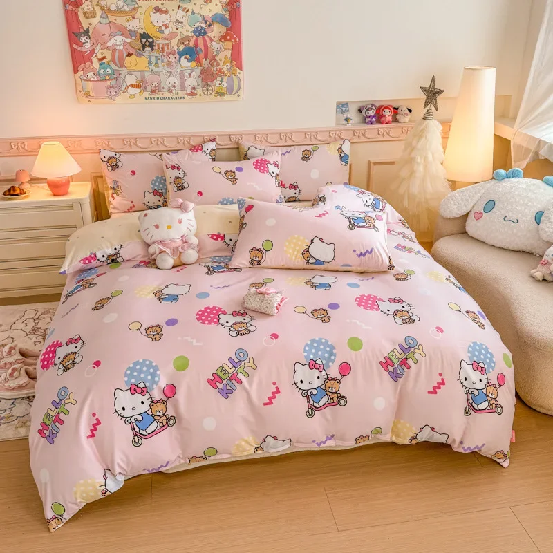 New Sanrios 4-piece Cartoon Kuromi Quilt Set Anime Cute Hello Kittys 3-piece Single Quilt Set Bed Washable Sheet Home Bedding