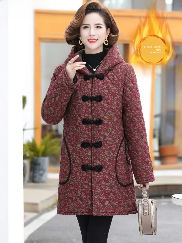 

Thiened Fce Winter Jaet for Mom Mid-Length Cotton Coat with Hood for Middle-Aged And ly Women Winter Outerwear